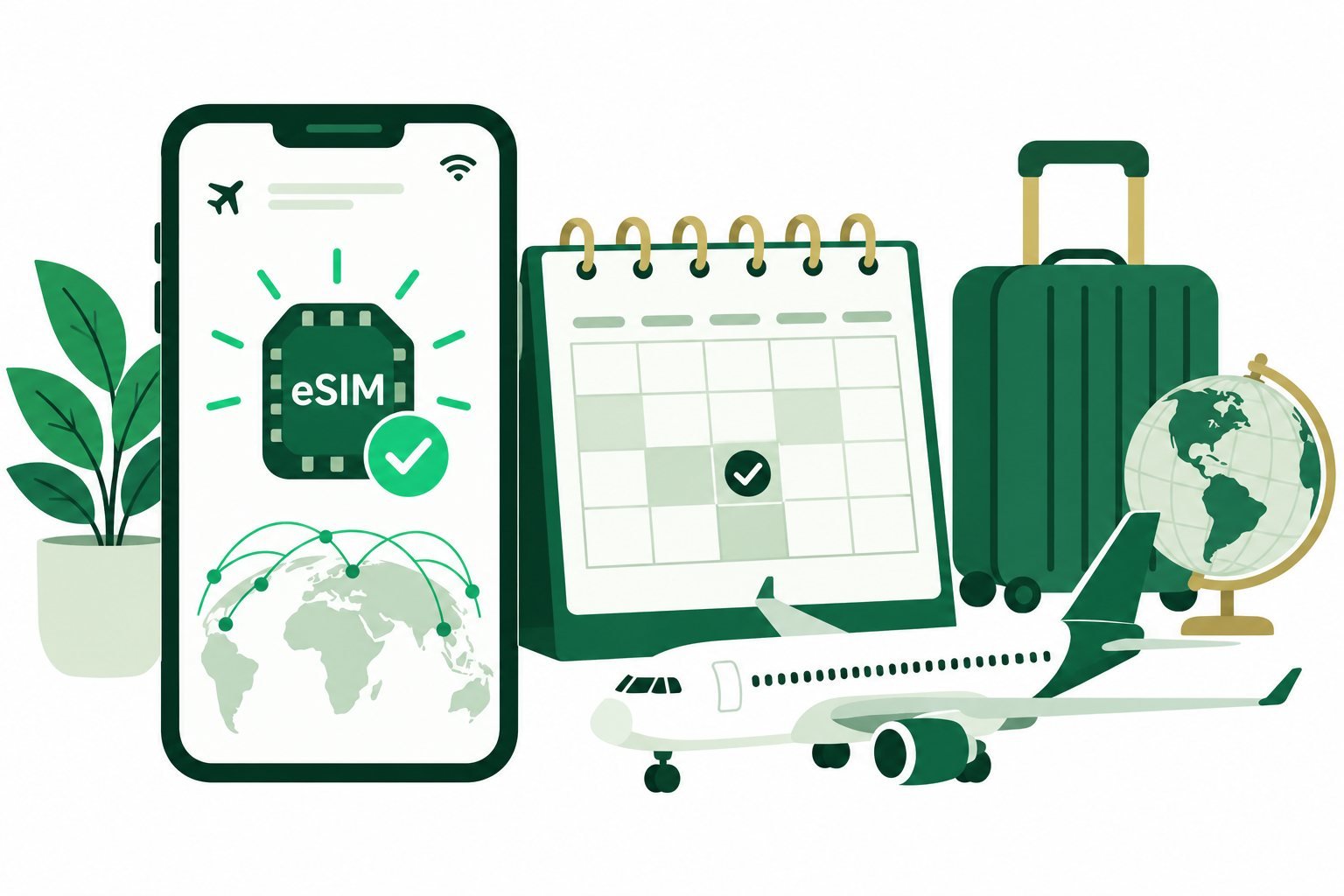 Phone with an eSIM checkmark, calendar and airplane