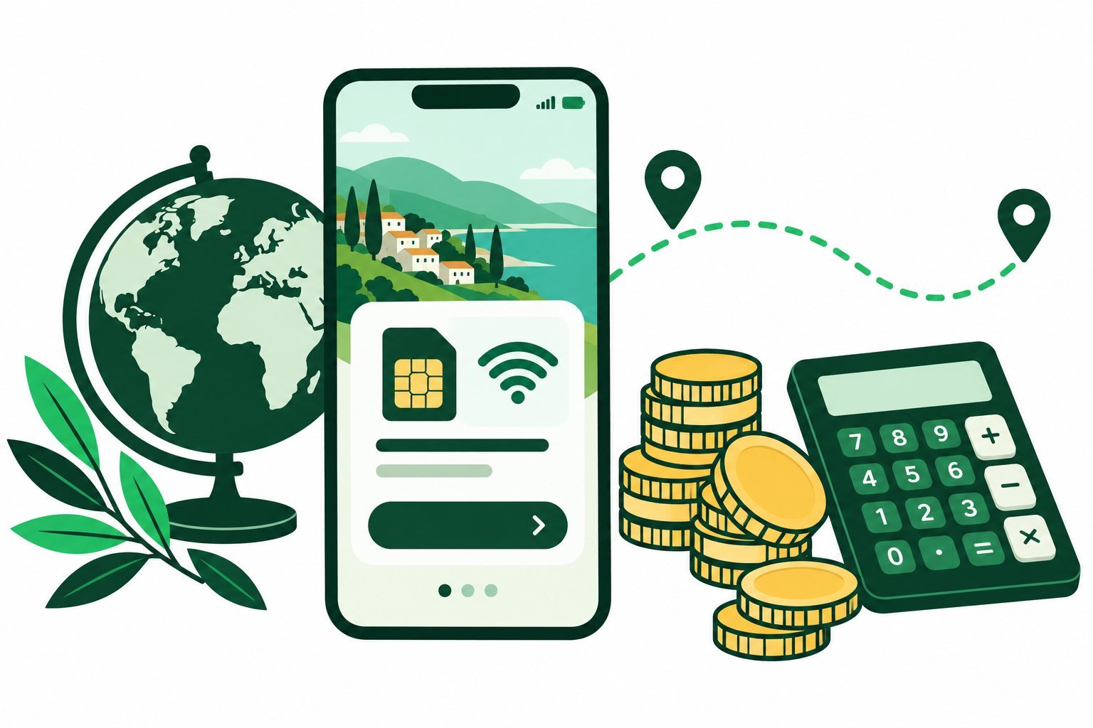 Phone, coins and calculator illustrating eSIM plan costs