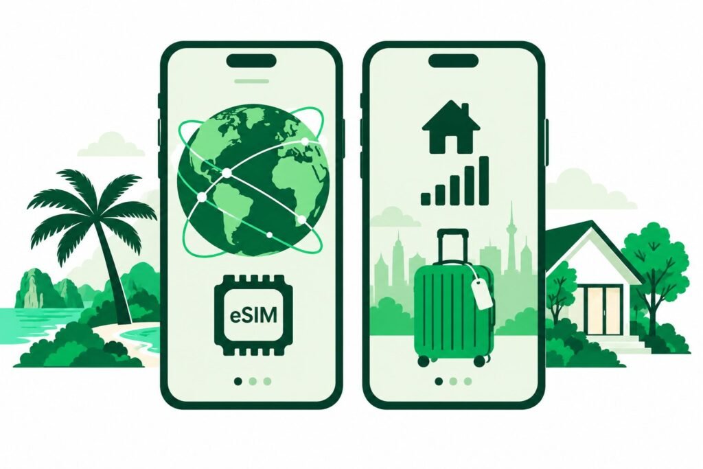 Two phones illustrating travel eSIM and home-carrier roaming