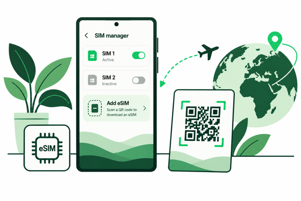 Samsung Galaxy-style phone showing SIM manager and Add eSIM
