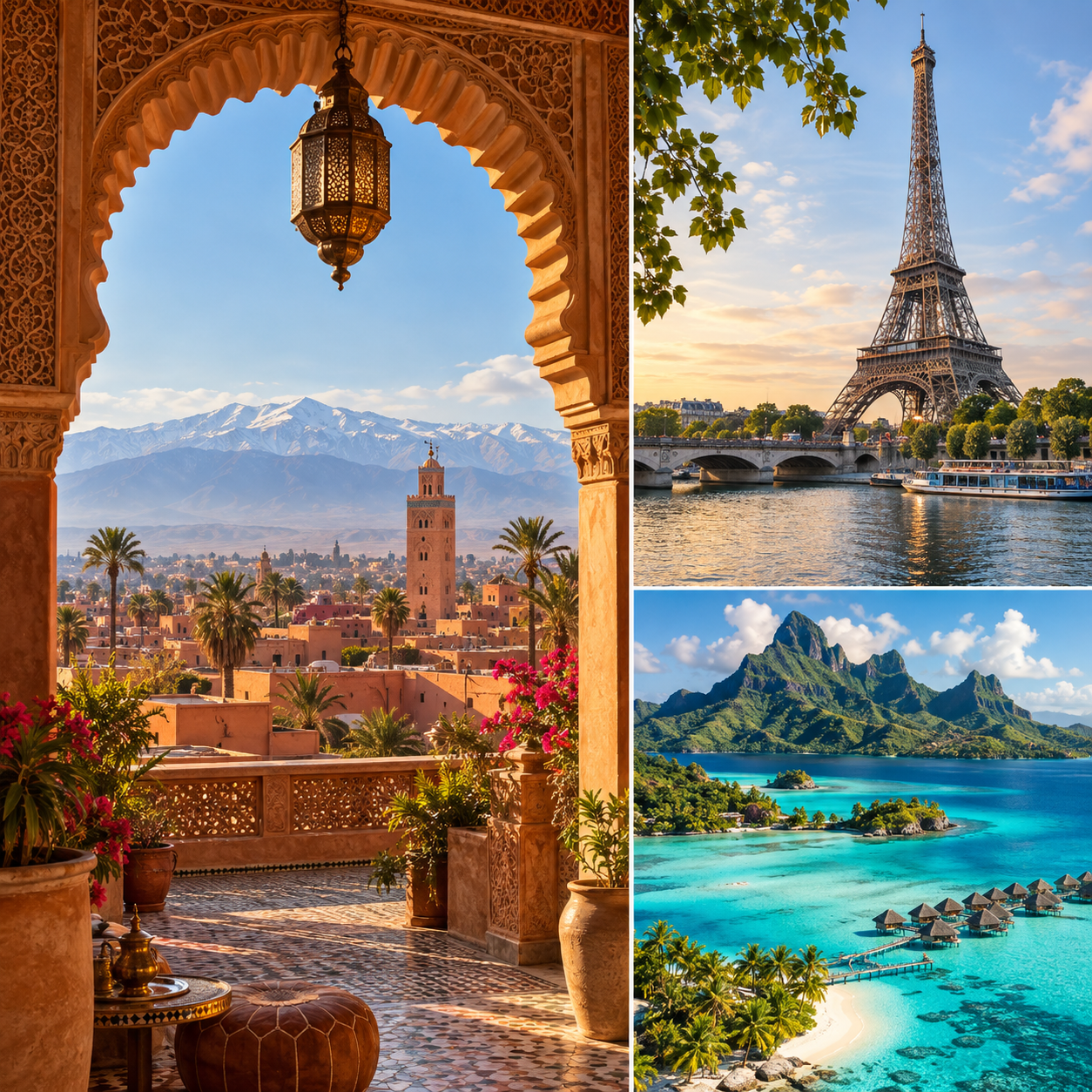 Travel destinations collage with Marrakech, Paris and Bora Bora