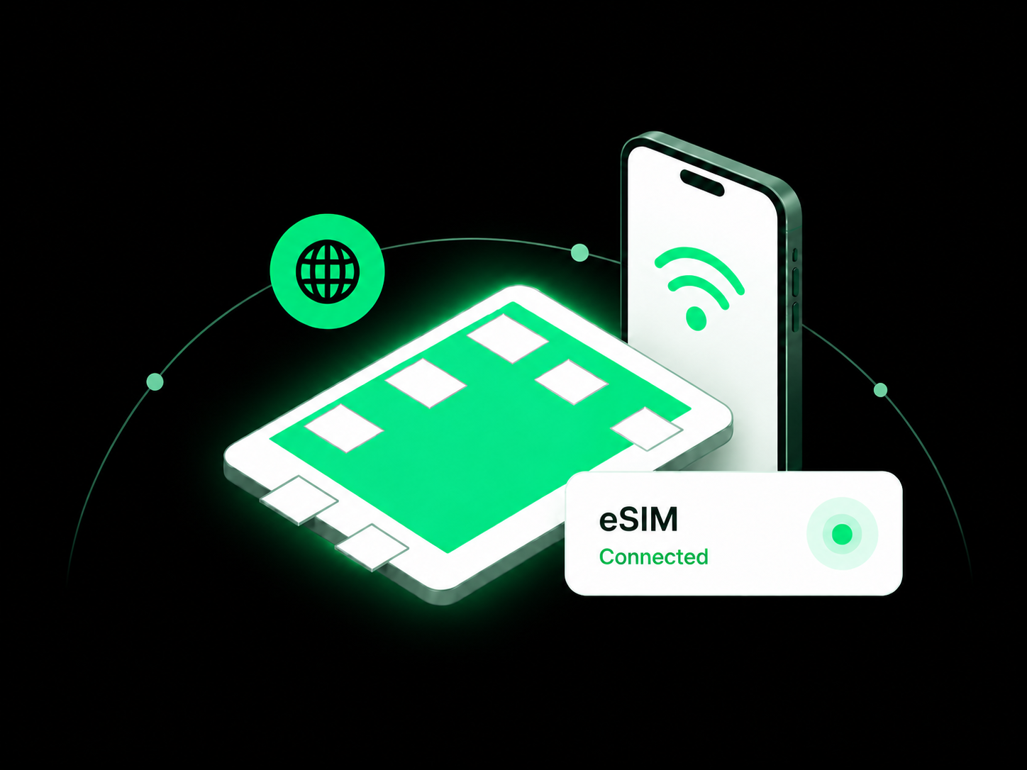 What is eSIM illustration showing a digital SIM chip, smartphone and connected status