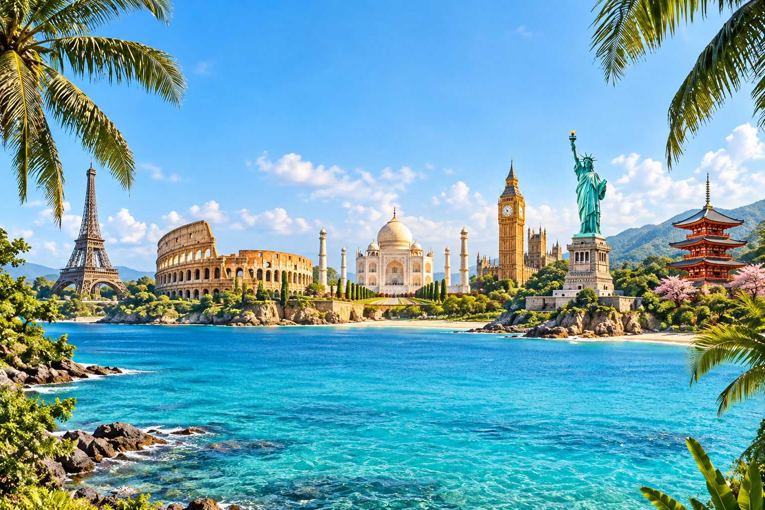 Travel montage of landmarks from France, Italy, India, the United Kingdom, the United States and Japan